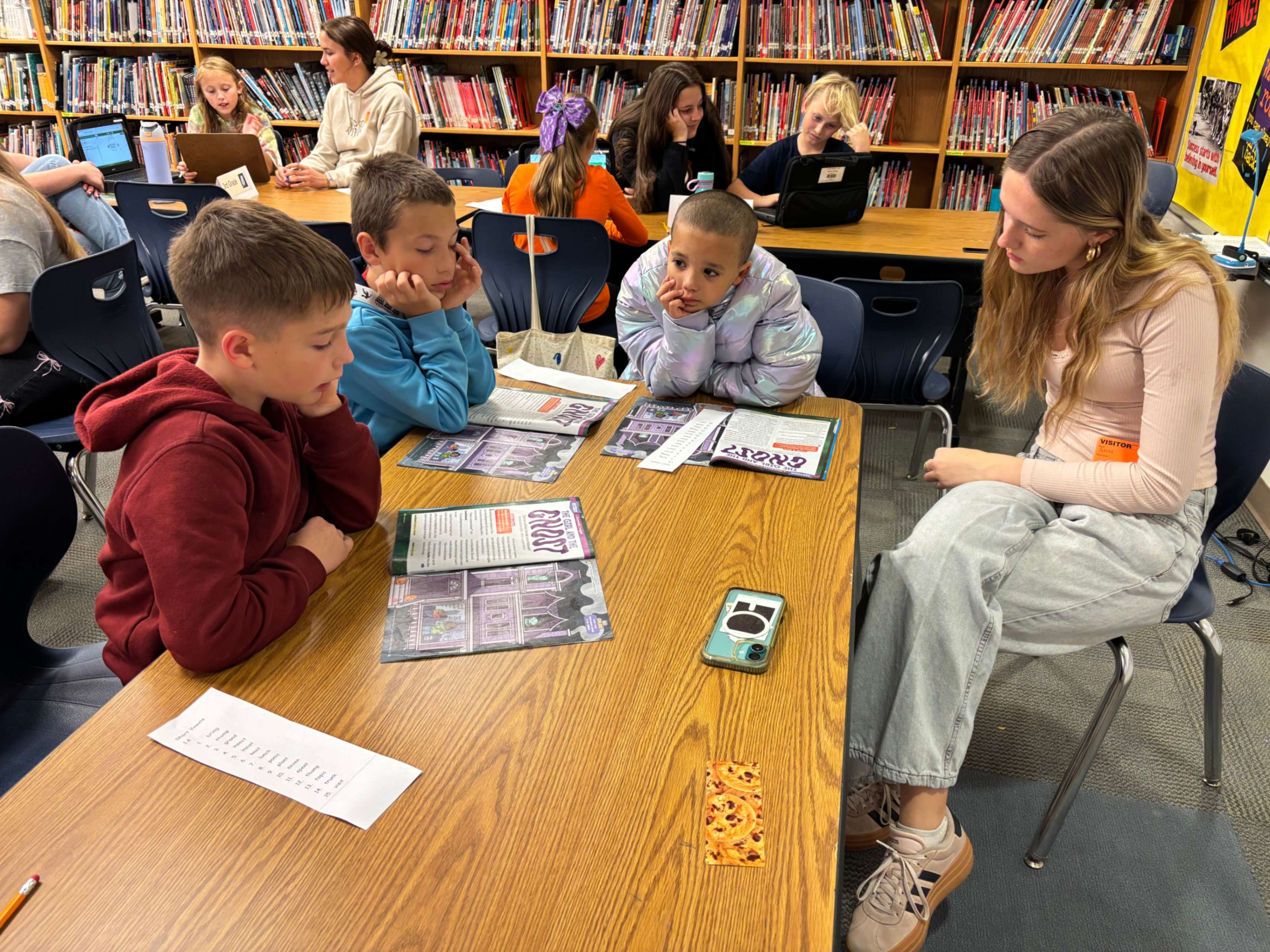 Older and younger students are showing working together in the Hickory Grove library.
